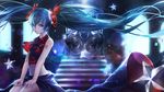  aqua_hair ascot blue_eyes blurry bokeh breasts closed_mouth commentary_request depth_of_field floating_hair hatsune_miku highres hong long_hair medium_breasts midriff purple_eyes revision shoulder_tattoo sitting skirt sleeveless smile solo stairs star star_print tattoo twintails very_long_hair vocaloid 
