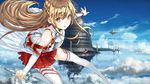  2014 absurdres aincrad arashitoki artist_name asuna_(sao) bow breastplate brown_eyes brown_hair cloud copyright_name dated day detached_sleeves eyebrows_visible_through_hair floating_castle floating_hair floating_island hair_bow highres holding holding_sword holding_weapon long_hair looking_at_viewer miniskirt outstretched_arms pleated_skirt red_skirt sketch skirt solo sword sword_art_online thighhighs very_long_hair weapon white_legwear 