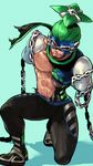  abs al_bhed_eyes amputee aqua_background arms_(game) chain clenched_teeth double_amputee goggles green_hair grimace highres long_arms looking_at_viewer male_focus mask ninja ninjara_(arms) nipples nkraae official_style one_knee orange_eyes pants ponytail red_eyes scarf shirt shoes simple_background sneakers solo tabi_boots teeth topknot torn_clothes torn_scarf torn_shirt wince 