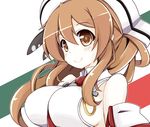  bare_shoulders between_breasts blush breasts brown_eyes brown_hair collared_shirt detached_sleeves eyebrows_visible_through_hair flag_background hair_between_eyes hair_ornament hat highres italian_flag kantai_collection large_breasts littorio_(kantai_collection) long_hair looking_at_viewer nanashino_(nanasino101) necktie necktie_between_breasts perky_breasts ponytail red_neckwear shiny shiny_hair shirt sideboob sleeveless sleeveless_shirt smile solo tareme upper_body wavy_hair white_hat wing_collar 