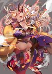  absurdres ass back barefoot blonde_hair daikoku_osamu fate/grand_order fate_(series) highres horns ibaraki_douji_(fate/grand_order) japanese_clothes kimono long_hair oni orange_eyes parted_lips solo very_long_hair yellow_kimono 