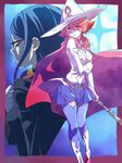  belt blue_hair boots cape closed_eyes dual_persona glasses hat little_witch_academia long_hair miniskirt multiple_girls profile red_eyes red_hair shiny_chariot short_hair skirt star starry_background tama_(tama-s) thighhighs ursula_charistes zettai_ryouiki 