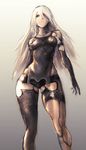  closed_mouth commentary_request dress expressionless full_body grey_background grey_eyes hair_between_eyes highres hometa long_hair looking_at_viewer mechanical_arm mechanical_legs mole mole_under_mouth nier_(series) nier_automata sleeveless sleeveless_dress solo white_hair yorha_type_a_no._2 
