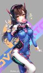  acronym animal_print arm_at_side artist_name bangs blue_bodysuit blush bodysuit boots bracer breasts breasts_apart brown_eyes brown_hair bubble_blowing bunny_print chewing_gum commentary copyright_name covered_navel cowboy_shot d.va_(overwatch) facepaint facial_mark gloves hand_up headphones leg_up long_hair looking_at_viewer medium_breasts overwatch painteen pauldrons pilot_suit ribbed_bodysuit shoulder_pads skin_tight solo standing standing_on_one_leg thigh_boots thigh_strap thighhighs turtleneck w whisker_markings white_footwear white_gloves 