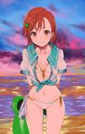  aqua_ribbon arms_behind_back bangs bikini blue_sky blush brown_eyes closed_mouth cloud collarbone cowboy_shot evening flat_chest frog_hair_ornament front-tie_top green_innertube hair_ornament holding horizon innertube legs_apart looking_at_viewer misaka_mikoto navel ocean orange_ribbon pinch_(nesume) red_hair reflection ribbon sailor_collar shirt short_hair short_sleeves side-tie_bikini sky smile solo standing stomach swept_bangs swimsuit tareme to_aru_kagaku_no_railgun to_aru_kagaku_no_railgun_s to_aru_majutsu_no_index water white_bikini white_shirt 