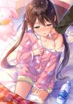  bangs bed blanket blush bottle brown_eyes brown_hair commentary from_above hair_ribbon hanekoto indoors long_hair off_shoulder open_mouth original pajamas pants pov ribbon sick sitting sleeves_past_wrists solo_focus stuffed_animal stuffed_bunny stuffed_toy sweat thermometer twintails twitter_username very_long_hair water_bottle 