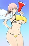  bangs bikini blue_background breasts chaldea_lifesavers cleavage cowboy_shot dress_shirt eyebrows_visible_through_hair fate/grand_order fate_(series) florence_nightingale_(fate/grand_order) gradient gradient_background groin hand_on_hip highres hometa huge_breasts looking_at_viewer loudspeaker navel parted_lips pink_hair red_eyes shirt shirt_on_shoulders sideboob sidelocks smile solo swimsuit thighs underboob yellow_bikini 