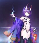  arm_up armpits bikini black_bikini black_legwear breasts cup fangs fate/grand_order fate_(series) hair_ornament horns japanese_clothes kimono lantern micro_bikini navel off_shoulder oni open_mouth outstretched_arm purple_eyes purple_hair sachi_(160332) sakazuki short_hair shuten_douji_(fate/grand_order) small_breasts smile solo swimsuit thighhighs 