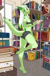  anthro barefoot breasts clothed clothing detailed_background female green_eyes hair library lizard reptile scalie smile solo spefides spines standing white_hair 