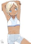  1girl armpits arms_up bike_shorts blonde_hair blue_eyes dark_skin female halter_top midriff navel original satsuyo simple_background smile solo sports_bra white_background 