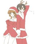  1boy 1girl antlers bare_shoulders black_hair blush breasts brown_eyes brown_hair christmas dress green_eyes hat jude_mathis leia_rolando open_mouth pants pout short_hair tales_of_(series) tales_of_xillia 