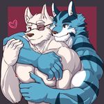  &lt;3 2017 abs anthro biceps black_nose blue_eyes blue_fur canine claws clothed clothing cuddling duo eye_patch eyewear feline fur istani male male/male mammal muscular muscular_male nipple_play nipple_stimulation nipples one_eye_closed pecs raised_arm red_eyes smile stripes tiger topless white_fur wink wolf 