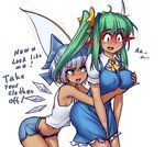  2girls :d ahoge alternate_costume arched_back asymmetrical_hair bangs bare_arms bare_shoulders blue_bow blue_dress blue_eyes blue_hair blue_shorts blush bow breast_grab breasts cirno collared_shirt commentary covered_nipples cowboy_shot cravat daiyousei detached_wings directional_arrow dress ear_blush embarrassed english eyebrows_visible_through_hair fairy_wings flapping frilled_dress frills grabbing grabbing_from_behind green_eyes hair_bow half_updo hater_(hatater) heart ice ice_wings large_breasts leaning_forward long_hair looking_down looking_up midriff motion_lines multiple_girls navel open_mouth pinafore_dress pointy_ears sanpaku shirt short_hair short_shorts short_sleeves shorts side_ponytail sideboob simple_background sleeveless small_breasts smile standing stomach sun_tattoo tan tanned_cirno tareme tearing_up touhou trembling v-shaped_eyebrows white_background white_shirt white_tank_top wing_collar wings yellow_bow yuri 