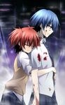  akuma_no_riddle azuma_tokaku blood blood_on_face bloody_clothes blue_eyes blue_hair blue_neckwear blue_skirt bow eyebrows_visible_through_hair from_side hair_bow highres holding holding_weapon hug hug_from_behind ichinose_haru kago-tan long_hair looking_down multiple_girls necktie parted_lips pleated_skirt red_hair shirt short_hair short_sleeves short_twintails skirt standing sweater twintails weapon white_shirt yellow_sweater yuri 