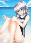  alternate_hairstyle barefoot beach blue_eyes blue_swimsuit day highres kantai_collection kashima_(kantai_collection) name_tag one-piece_swimsuit outdoors ponytail school_swimsuit shirasawa_kazane silver_hair sitting solo swimsuit tsurime waving wavy_hair 