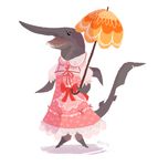  2015 anthro biped black_eyes clothing digital_media_(artwork) digital_painting_(artwork) digitigrade dorsal_fin dress female fin fish goblin_shark holding_object holding_umbrella kikidoodle lace lolita_(fashion) marine multicolored_clothing parasol pink_clothing red_ribbon ribbons shark simple_background smile solo standing tail_fin teeth umbrella white_background white_clothing 