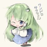  ;d blue_eyes chibi detached_sleeves dress frog frog_hair_ornament green_hair guritoo_(runemagurito) hair_ornament hair_tubes kochiya_sanae long_hair one_eye_closed open_mouth smile snake snake_hair_ornament solo touhou translation_request wide_sleeves 