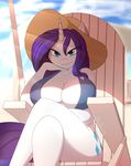  2017 absurd_res anthro anthrofied big_breasts bikini bikini_top blue_eyes bottomless breasts cleavage clothed clothing crossed_legs cutie_mark equine female friendship_is_magic hair hat hi_res horn looking_at_viewer mammal my_little_pony outside purple_hair rarity_(mlp) silverfox057 solo swimsuit unicorn 