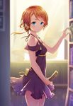  aqua_eyes bare_shoulders blush book dress highres holding jewelry looking_at_viewer necklace orange_hair original purple_dress ribbon short_hair solo standing tomamatto 