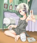  1girl alcohol amputee bandage bare_arms barefoot bed bed_frame bed_sheet bikko borrowed_character cat cigarette collarbone dress feet flat_chest holding holding_cigarette looking_at_viewer mitsuki_(toriaezu) multicolored_hair off_shoulder original pillow scar scar_across_eye short_hair smoke soles toes 