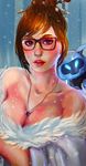  alternate_costume bad_id bad_pixiv_id black-framed_eyewear blue_background breast_hold breasts brown_eyes brown_hair cleavage coat collarbone drone fur-trimmed_jacket fur_trim glasses grey_background hair_ornament hair_stick highres jacket jewelry large_breasts lips looking_at_viewer mei_(overwatch) necklace nose off_shoulder overwatch parted_lips pendant pickart_master realistic snowflake_hair_ornament snowing solo striped striped_background upper_body vertical-striped_background vertical_stripes winter_clothes winter_coat 