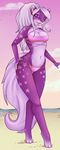  anthro bikini canine clothing day detailed_background digitigrade female hair mammal outside purple_eyes robyn_paperdoll solo swimsuit white_hair wide_hips 