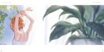  arms_up back bare_arms bare_shoulders blurry brown_hair curtains day depth_of_field echizen_murasaki ekao from_behind hand_on_own_arm hanging_plant highres indoors ivy letterboxed morning multicolored_hair page_number plant potted_plant short_hair solo spaghetti_strap stretch tokyo_7th_sisters two-tone_hair upper_body 