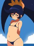  1girl arms_behind_back ashley_(warioware) beach bikini black_hair drawfag female flat_chest micro_bikini midriff navel nintendo outdoors solo swimsuit twintails warioware 