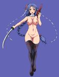  :o armpits bad_anatomy bandages bangs black_legwear blue_background blue_hair blush braid breasts cleft_of_venus collarbone eyebrows_visible_through_hair flower geta groin hair_bobbles hair_flower hair_ornament holding holding_mask holding_sword holding_weapon katana kumacchi long_hair looking_at_viewer mask mask_removed medium_breasts navel ninja nipples nude open_mouth original outstretched_arm parted_bangs red_eyes red_ribbon ribbon shiny shiny_skin simple_background solo stomach sword thigh_gap thighhighs unsheathed v-shaped_eyebrows weapon 