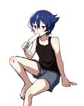  akiba's_trip akiba's_trip_the_animation arm_support barefoot black_shirt blue_hair boxers denkigai_tamotsu eating food funkunsan highres invisible_chair male_focus male_underwear multicolored_hair pink_eyes popsicle shirt simple_background sitting solo streaked_hair tank_top underwear white_background 