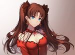  bare_shoulders blue_eyes breasts brown_hair cleavage dress earrings fate/grand_order fate_(series) formalcraft hair_ribbon jewelry long_hair medium_breasts minhoo red_dress ribbon solo toosaka_rin two_side_up 