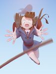  absurdres broom brown_hair flying from_below hat hat_removed headwear_removed highres kagari_atsuko little_witch_academia long_hair maredoro open_mouth outstretched_arms solo witch_hat 