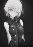  absurdres armor armored_dress arms_behind_back bare_shoulders blush breasts breasts_apart closed_mouth dress fate/grand_order fate_(series) hair_over_one_eye highres hong looking_at_viewer mash_kyrielight medium_breasts monochrome purple_eyes ribbed_dress ribbed_shirt serious shirt short_hair sleeveless sleeveless_dress solo spot_color turtleneck upper_body 