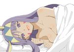  :d absurdres animal_ears bare_shoulders body_blush breasts bunny_ears cleavage covering donguri_suzume eyebrows_visible_through_hair eyeliner facial_mark fake_animal_ears fate/grand_order fate_(series) hairband highres large_breasts long_hair looking_at_viewer lying makeup naked_sheet nitocris_(fate/grand_order) nude_cover on_side open_mouth purple_hair smile solo 