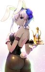  akahito animal_ears ass back-seamed_legwear bare_shoulders black_gloves black_leotard blush breasts bunny_ears bunny_tail bunnysuit dark_skin fate/prototype fate/prototype:_fragments_of_blue_and_silver fate_(series) fishnet_pantyhose fishnets gloves hairband hassan_of_serenity_(fate) leotard looking_at_viewer medium_breasts pantyhose purple_eyes purple_hair seamed_legwear short_hair solo tail 
