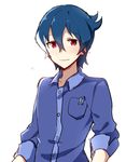  akiba's_trip akiba's_trip_the_animation bloom blue_hair blue_shirt closed_mouth denkigai_tamotsu funkunsan highres long_sleeves looking_at_viewer male_focus multicolored_hair pink_eyes shirt simple_background sleeves_folded_up smile solo streaked_hair upper_body white_background 