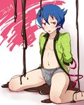  akiba's_trip akiba's_trip_the_animation blue_hair boxer_briefs bulge chocolate chocolate_on_legs dated denkigai_tamotsu funkunsan green_shirt highres looking_at_viewer male_focus male_underwear multicolored_hair no_pants open_clothes open_mouth open_shirt pink_eyes plaid plaid_shirt puddle shirt sitting solo streaked_hair underwear valentine wariza wavy_mouth 