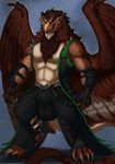  anthro avian beak big_bulge body_hair chest_hair clothing conditional_dnp feathered_wings feathers fingerless_gloves gloves gryphon inkydemon looking_at_viewer male muscular open_jackets smile solo standing wings 