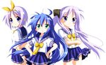  :3 ahoge black_ribbon blue_eyes blue_hair blue_sailor_collar blue_skirt bow cowboy_shot crossed_arms green_eyes highres hiiragi_kagami hiiragi_tsukasa izumi_konata long_hair looking_at_viewer lucky_star mole mole_under_eye multiple_girls neckerchief pleated_skirt purple_hair ribbon rindou_(awoshakushi) ryouou_school_uniform sailor_collar school_uniform serafuku short_hair simple_background skirt twintails white_background yellow_bow yellow_neckwear yellow_ribbon 