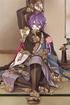  ahoge arm_up armpits blue_eyes bound clenched_hands eyelashes jacket_on_shoulders japanese_clothes kasen_kanesada looking_at_viewer male_focus mocollie money mouth_hold pale_skin purple_hair scroll sitting solo tatami touken_ranbu vase 