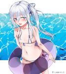  artist_name bikini blue_eyes collarbone flat_chest from_above front-tie_bikini front-tie_top hair_between_eyes hair_ribbon hibiki_(kantai_collection) innertube kantai_collection long_hair micro_bikini navel outdoors ribbon side-tie_bikini sidelocks silver_hair smile solo string_bikini swimsuit twintails white_bikini yukiguni_yuu 