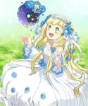  blonde_hair commentary_request cosmog dress flower gen_7_pokemon grass green_eyes hair_flower hair_ornament lillie_(pokemon) long_hair open_mouth petals pokemon pokemon_(creature) pokemon_(game) pokemon_sm sasairebun sleeveless sleeveless_dress wedding_dress white_dress 