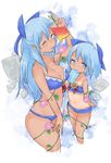  ;) absurdres arm_at_side bad_proportions bikini bikini_tan blue_bikini blue_eyes blue_hair bow breasts child cirno cirno-nee cleavage cropped_legs dual_persona flat_chest flower food hair_bow half_updo highres ice ice_wings large_breasts long_hair mouth_hold multiple_girls navel older one-piece_tan one_eye_closed plant popsicle pushun_(muteki) short_hair sketch smile sunflower swimsuit tan tanline tanned_cirno touhou vines wings 