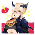  1girl artoria_pendragon_(all) artoria_pendragon_(lancer_alter) bangs blonde_hair blush breasts cleavage closed_mouth eating eyebrows_visible_through_hair fate/grand_order fate_(series) food food_on_face hair_between_eyes holding holding_food large_breasts nk pauldrons sandwich sidelocks solo sparkle spoken_exclamation_mark twitter_username underboob upper_body yellow_eyes 