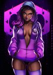  asymmetrical_hair black_hair breasts center_opening cleavage dandon_fuga hands_in_pockets hood hood_up hoodie lipstick long_hair looking_at_viewer makeup medium_breasts mole mole_under_eye multicolored_hair no_bra no_pants overwatch panties purple_eyes purple_hair purple_legwear purple_lipstick solo sombra_(overwatch) thigh_gap thighhighs thighs two-tone_hair undercut underwear unzipped 