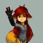  2016 anthro bangs bottomless canine cheek_tuft clothed clothing cybernetics cyborg diana_(devil-vox) female fox grey_background hair long_hair looking_at_viewer machine mammal panzery25 red_eyes signature simple_background solo standing tuft waving 