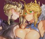  armpits artoria_pendragon_(all) artoria_pendragon_(lancer) artoria_pendragon_(lancer_alter) bare_shoulders black_dress blonde_hair blue_dress blush braid breasts circlet cleavage cleavage_cutout closed_mouth commentary_request dress dual_persona erect_nipples eye_contact fate/grand_order fate_(series) green_eyes hair_between_eyes horns huge_breasts looking_at_another melon22 multiple_girls no_nose nose_blush open_mouth red_background ribbed_dress short_hair simple_background sweatdrop underboob yellow_eyes 