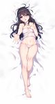  absurdres ass_visible_through_thighs bare_legs bare_shoulders barefoot black_hair blue_eyes breasts cameltoe crop_top eyebrows_visible_through_hair feet full_body hand_on_own_chest highres long_hair long_legs looking_at_viewer lying medium_breasts messy_hair navel on_back open_mouth original outstretched_hand parted_lips see-through smile solo string_panties toes yuwan_2333 