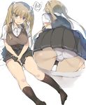  ass blonde_hair blue_eyes breasts commentary_request heigani large_breasts miniskirt panties pantyshot pleated_skirt school_uniform skirt sweater_vest twintails underwear 