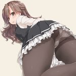  arashio_(kantai_collection) ass beige_background brown_eyes brown_hair brown_legwear dd_(ijigendd) dress eyebrows_visible_through_hair foreshortening frill_trim from_behind highres kantai_collection long_hair long_sleeves looking_back lying panties panties_under_pantyhose pantyhose pinafore_dress remodel_(kantai_collection) school_uniform simple_background smile solo thighband_pantyhose underwear upskirt white_panties 